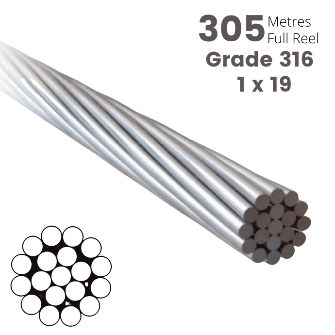 Wire Rope Stainless Steel 1x19 Grade 316 Diameter 3.2mm Full 305M Reel