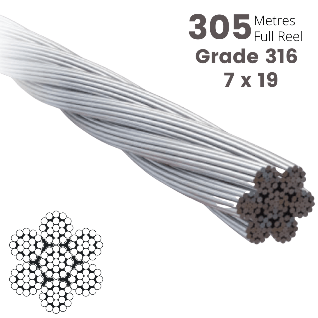 Wire Rope Stainless Steel 7x19 Grade 316 Diameter 3.2mm Full 305M Reel
