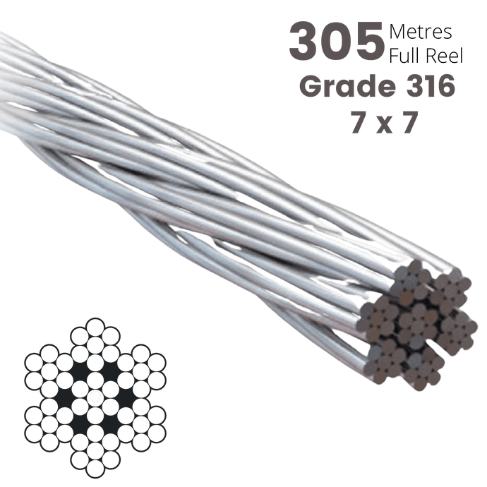 Wire Rope Stainless Steel 7x7 Grade 316 Diameter 3.2mm Full 305M Reel